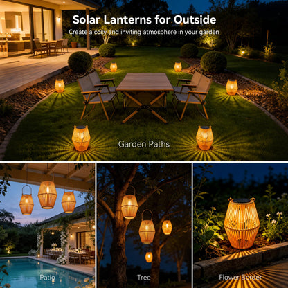 Ollny Solar Lights Outdoor Garden, 2 Pack Hanging Solar Lanterns with LED Bulds, IP44 Waterproof Garden Ornaments Outside Lantern Light for Yard Pathway Patio Decor, Birthday Gifts for Women Unique