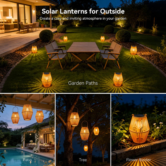 Ollny Solar Lights Outdoor Garden, 2 Pack Hanging Solar Lanterns with LED Bulds, IP44 Waterproof Garden Ornaments Outside Lantern Light for Yard Pathway Patio Decor, Birthday Gifts for Women Unique