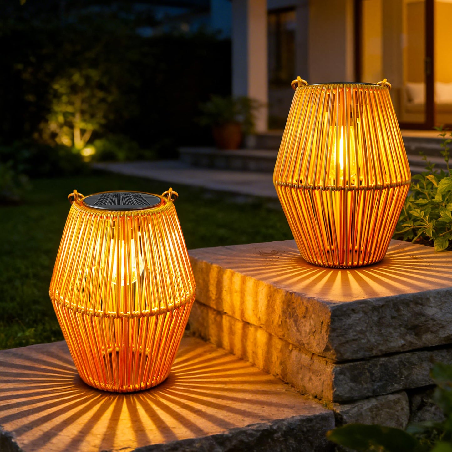 Ollny Solar Lights Outdoor Garden, 2 Pack Hanging Solar Lanterns with LED Bulds, IP44 Waterproof Garden Ornaments Outside Lantern Light for Yard Pathway Patio Decor, Birthday Gifts for Women Unique